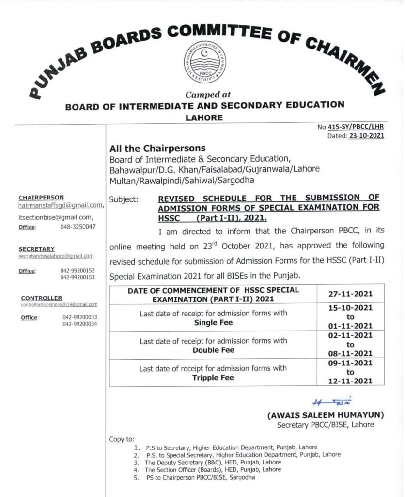 REVISED SCHEDULE FOR THE SUBMISSION OF ADMISSION FORMS