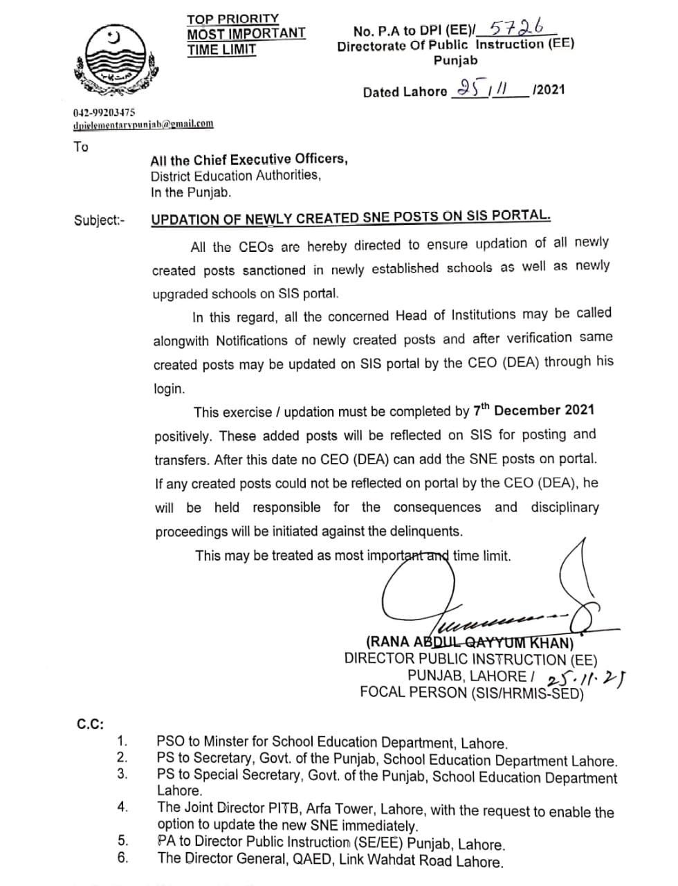 UPDATION OF NEWLY CREATED SNE POSTS ON SIS PORTAL