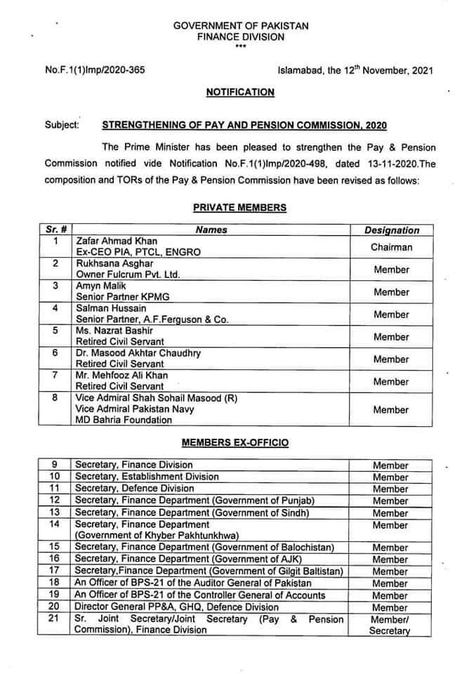 Revised TORs of Pay & Pension Commission 2021