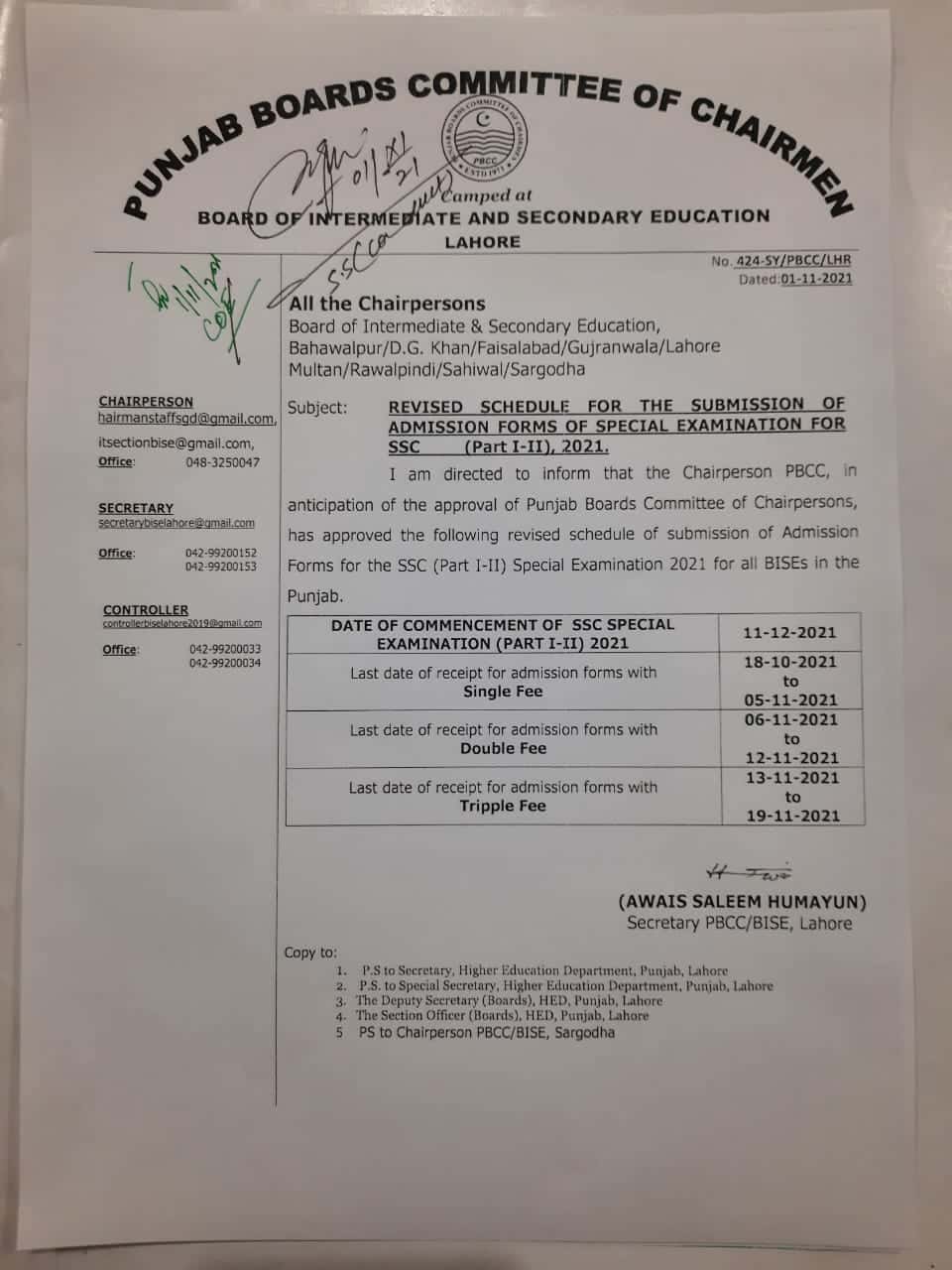 REVISED SCHEDULE,SPECIAL EXAMINATION,2021