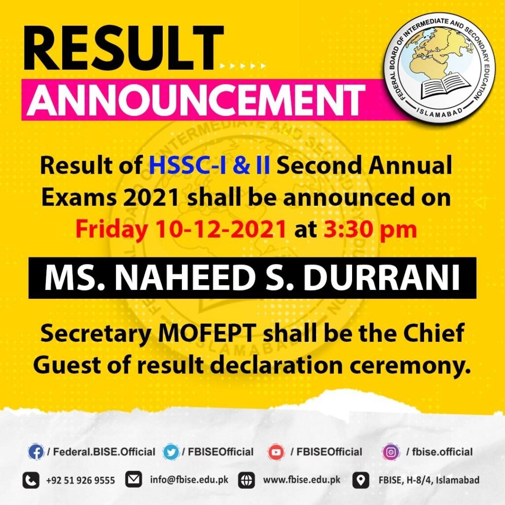 FBISE Result of HSSC-I & II Second | Annual Exams 2021