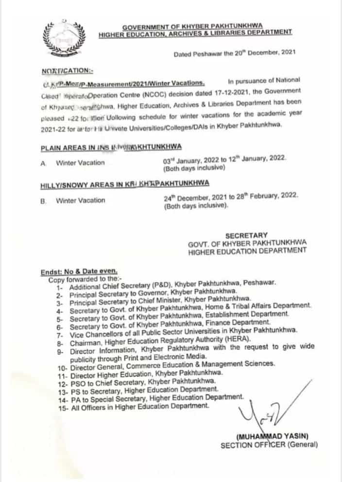 NOTIFICATION OF WINTER VACATIONS IN KPK COLLEGES & UNIVERSITIES 2021