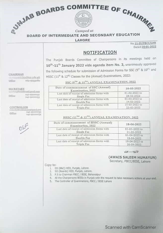 Matric (SSC) – 9th & 10th Class (Annual Examination) 2022