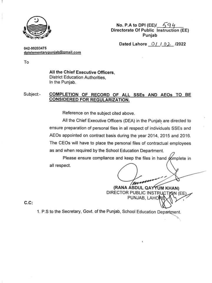 Completion of Record of SSEs & AEOs For Regularization 2022