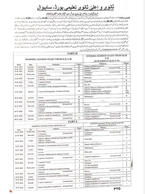 11th Class Date Sheet