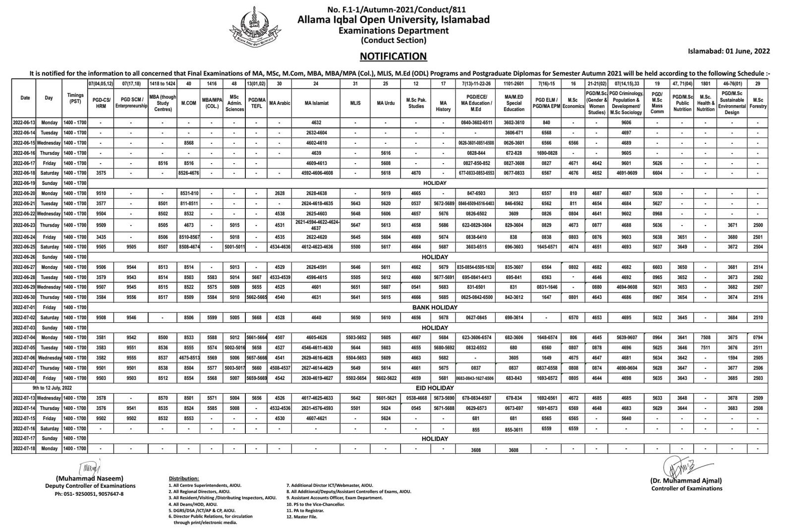 Date Sheet 2022