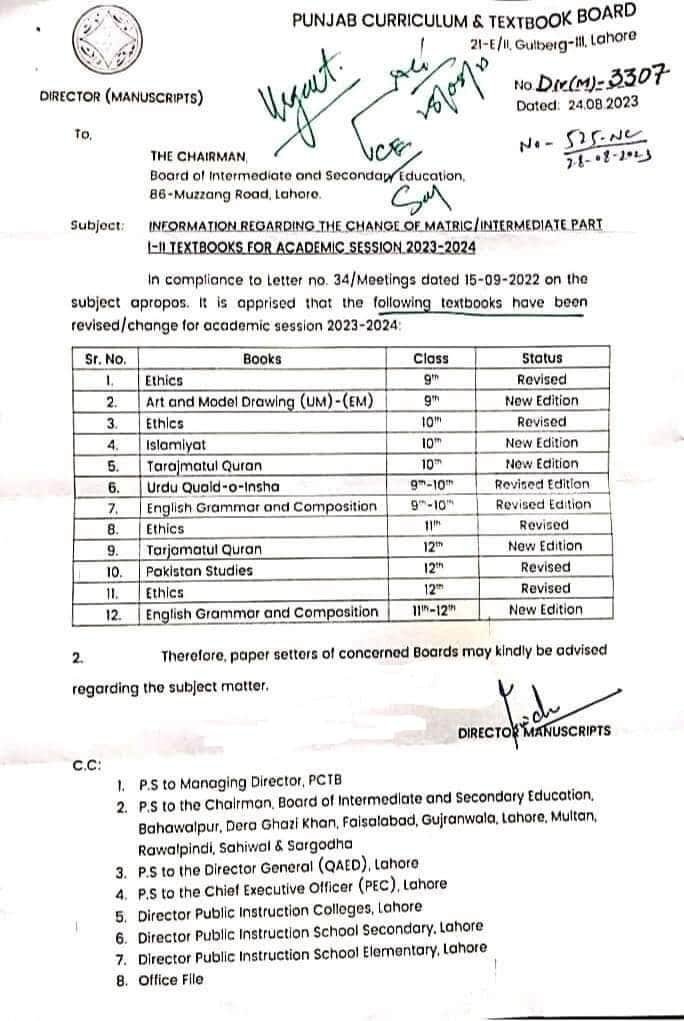 Change Of Matric/Intermediate Textbooks