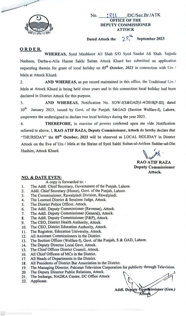 Local Holiday Declared for Urs/Mela at Attock on October 5, 202