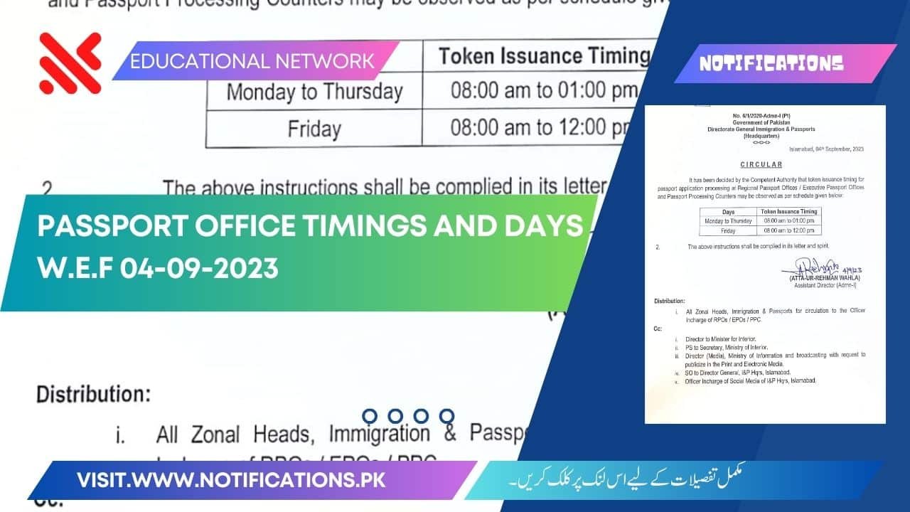 Passport Office Timings and Days w.e.f 04-09-2023