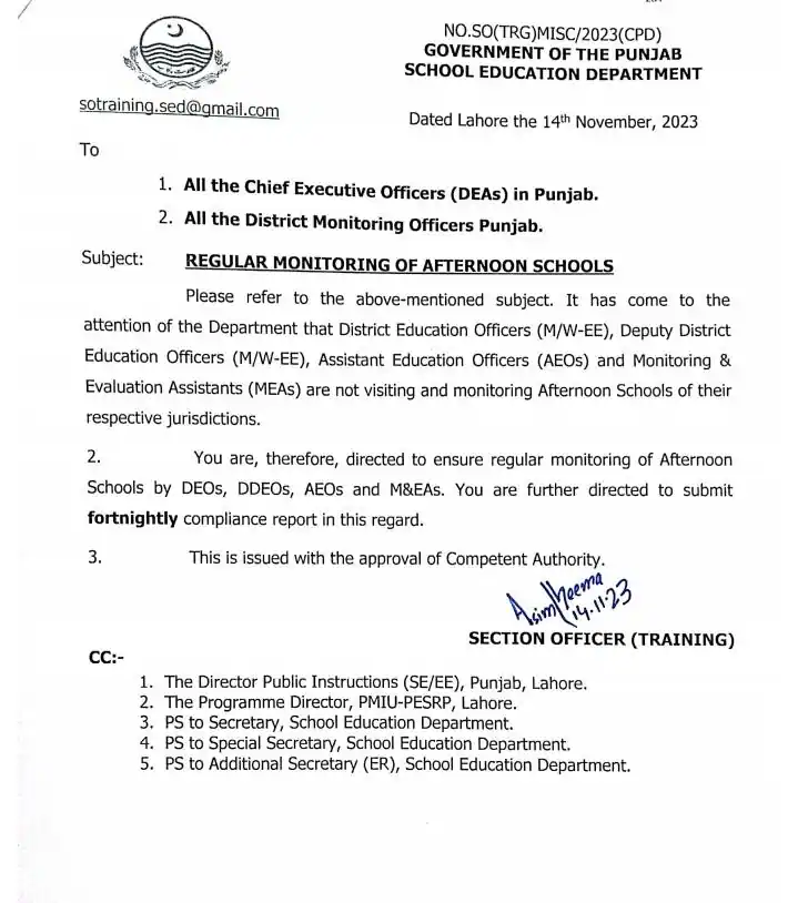 Regular Monitoring of Afternoon Schools in Punjab
