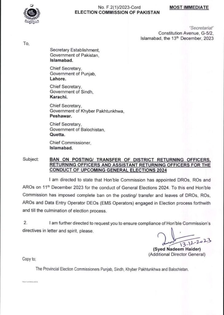 BAN ON POSTING/ TRANSFER OF DISTRICT RETURNING OFFICERS
RETURNING OFFICERS AND ASSISTANT RETURNING OFFICERS FOR THE CONDUCT OF UPCOMING GENERAL ELECTIONS 2024