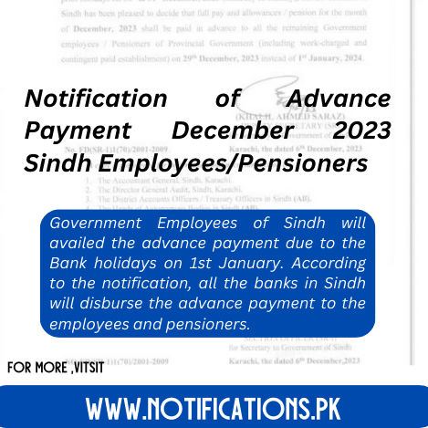 Notification of Advance Payment December 2023 Sindh Employees/Pensioners